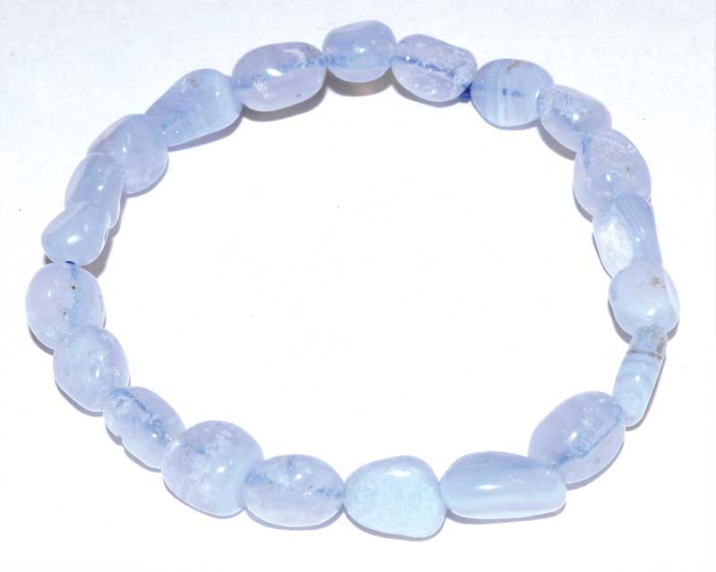 Blue angelite gemstone bracelet on a white background