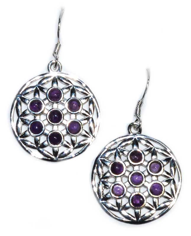 Flower of Life Sterling Silver Earrings with Amethyst 