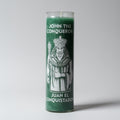 Green candle with an illustration of a king and text on a white background