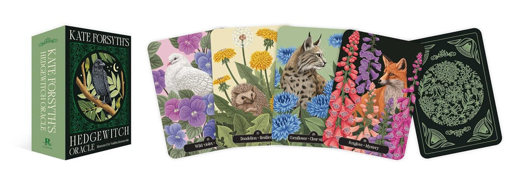 Hedgewitch Oracle card deck box and a fan of illustrated cards by Kate Forsteris, showing woodland animals and flowers on a white background.