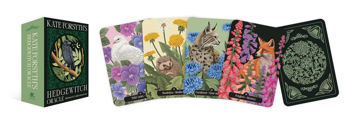 Hedgewitch Oracle card deck box and a fan of illustrated cards by Kate Forsteris, showing woodland animals and flowers on a white background.