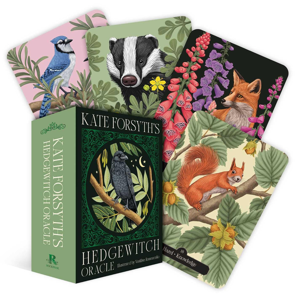 Kate Forsyth's Hedgewitch Oracle card deck and its illustrated box, shown on a clean white background. The box is green with a central bird illustration, and several cards are fanned out behind it, each featuring detailed nature illustrations including a bluebird, badger, fox, and squirrel.