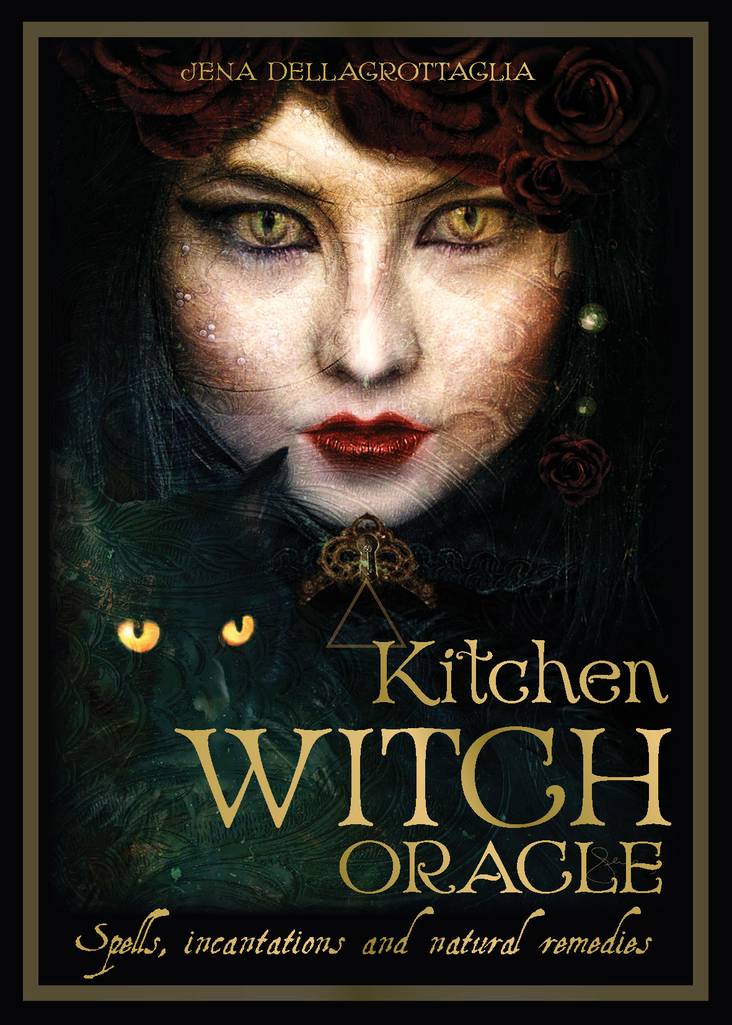 Book cover of 'Kitchen Witch Oracle' with a woman's face and green eyes.