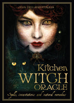 Book cover of 'Kitchen Witch Oracle' with a woman's face and green eyes.