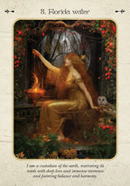Artistic depiction of a woman in a gold dress with red hair, surrounded by nature elements like flowers and an owl.