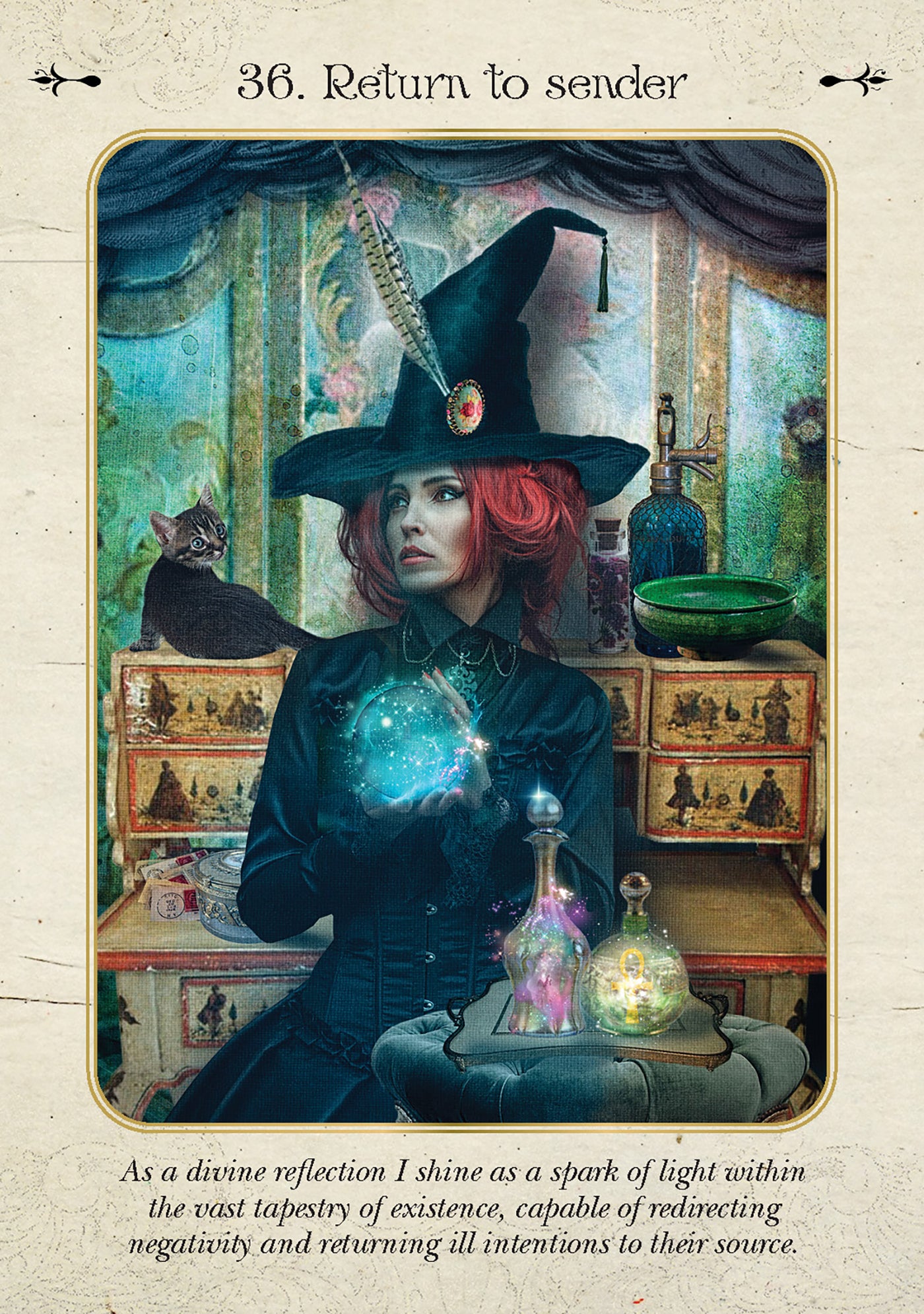 Magical scene with a witch in a dark blue outfit, surrounded by mystical objects and a cat.
