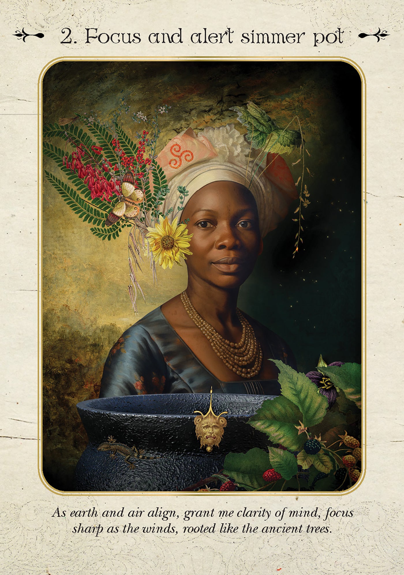 Portrait of a woman with a floral headpiece and bowl, surrounded by nature elements.