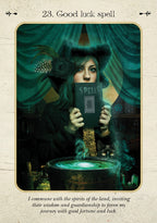 Magical themed card with a person holding a book labeled 'Spells' over a green potion.