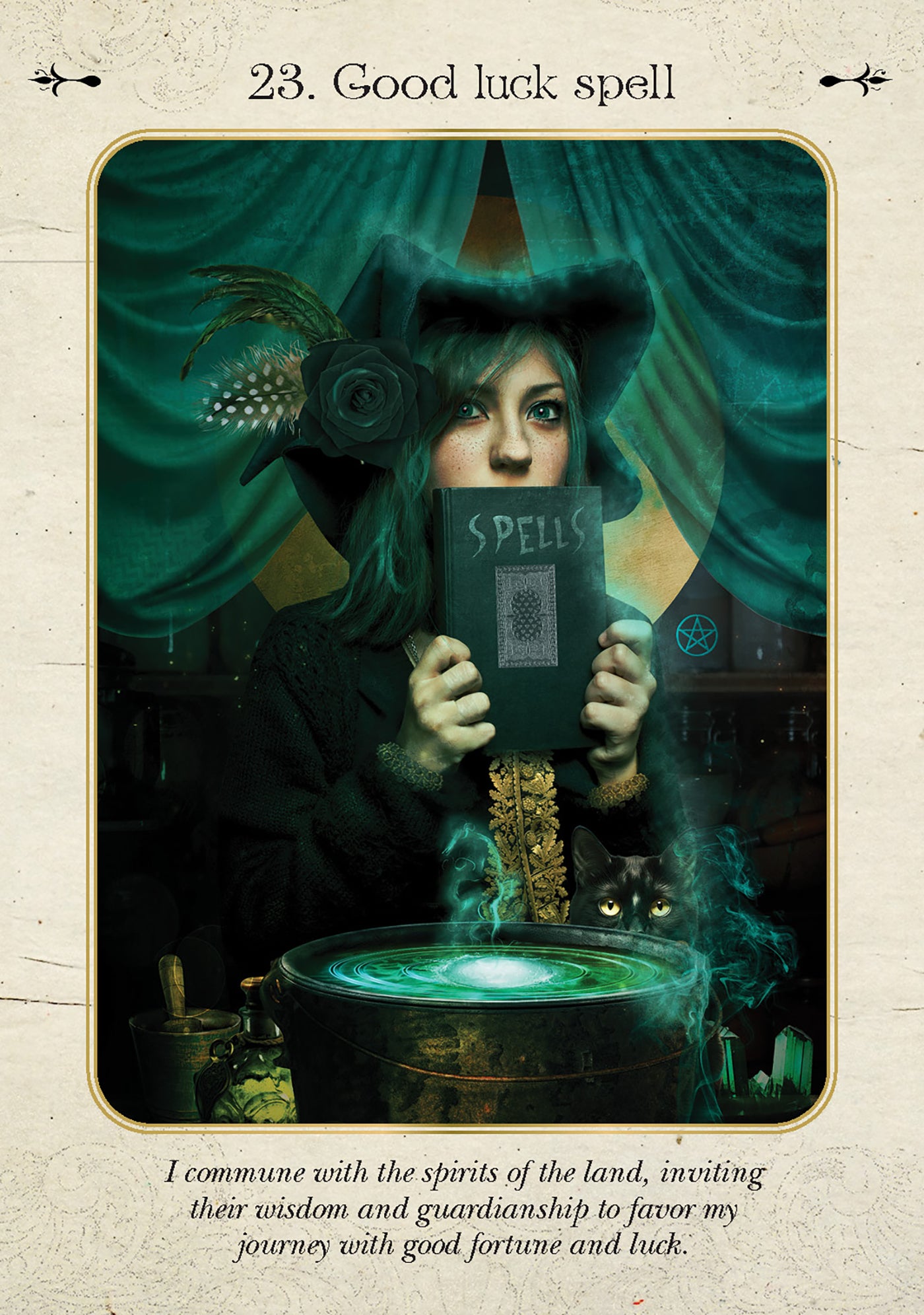 Magical themed card with a person holding a book labeled 'Spells' over a green potion.