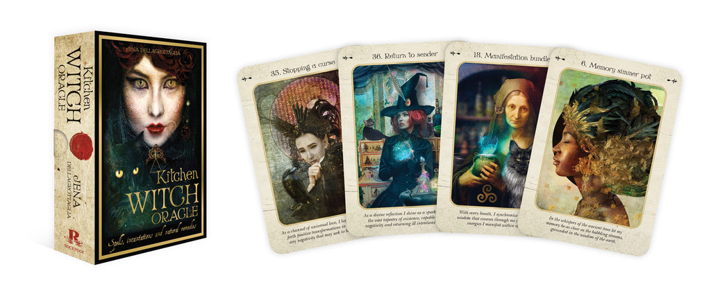 Kitchen Witch Oracle card set with box and tarot-like cards featuring witch illustrations.