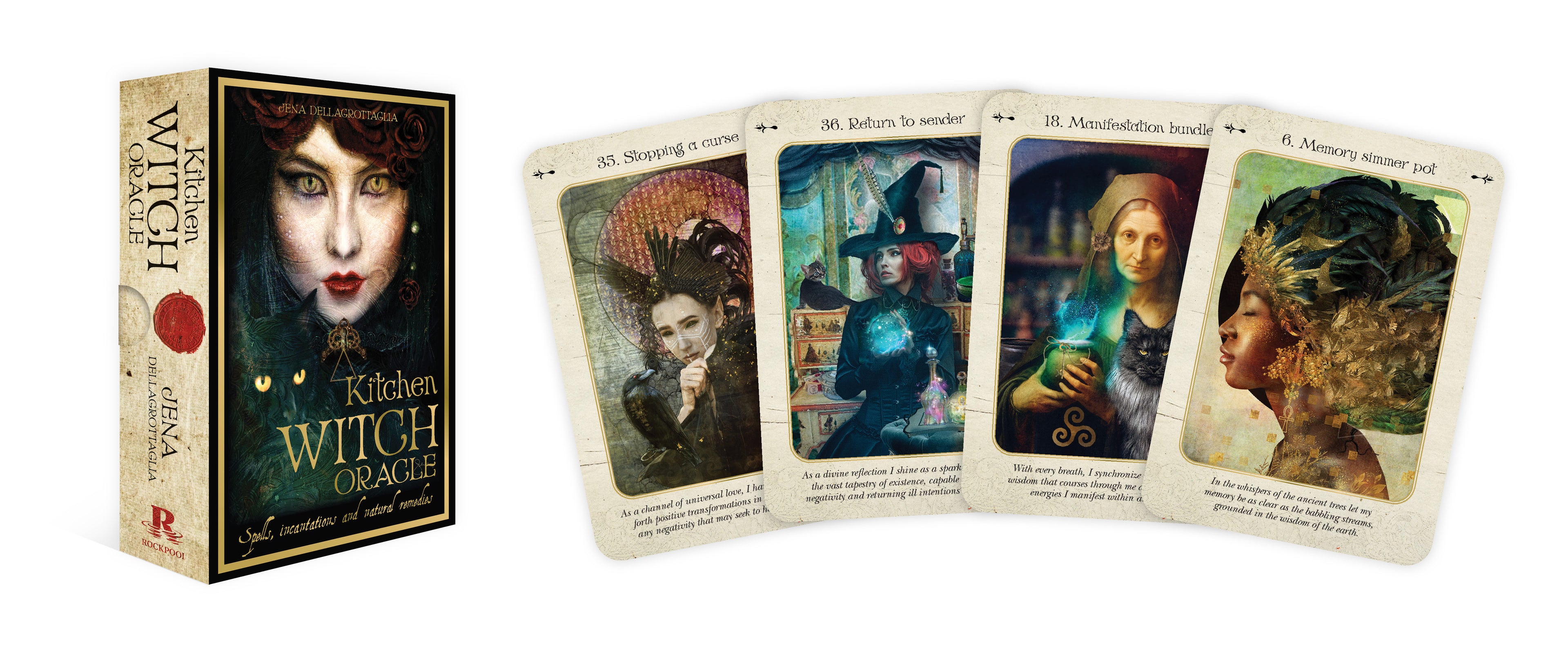 Kitchen Witch Oracle card set with box and tarot-like cards featuring witch illustrations.