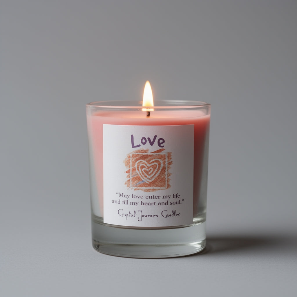 Candle with a 'Love' label on a gray background