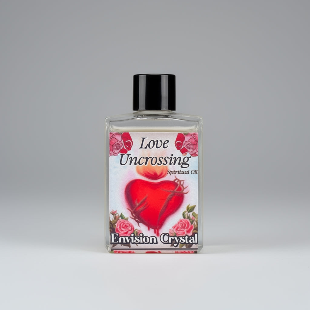 Bottle of 'Love Uncrossing' spiritual oil with a red heart design on a gray background