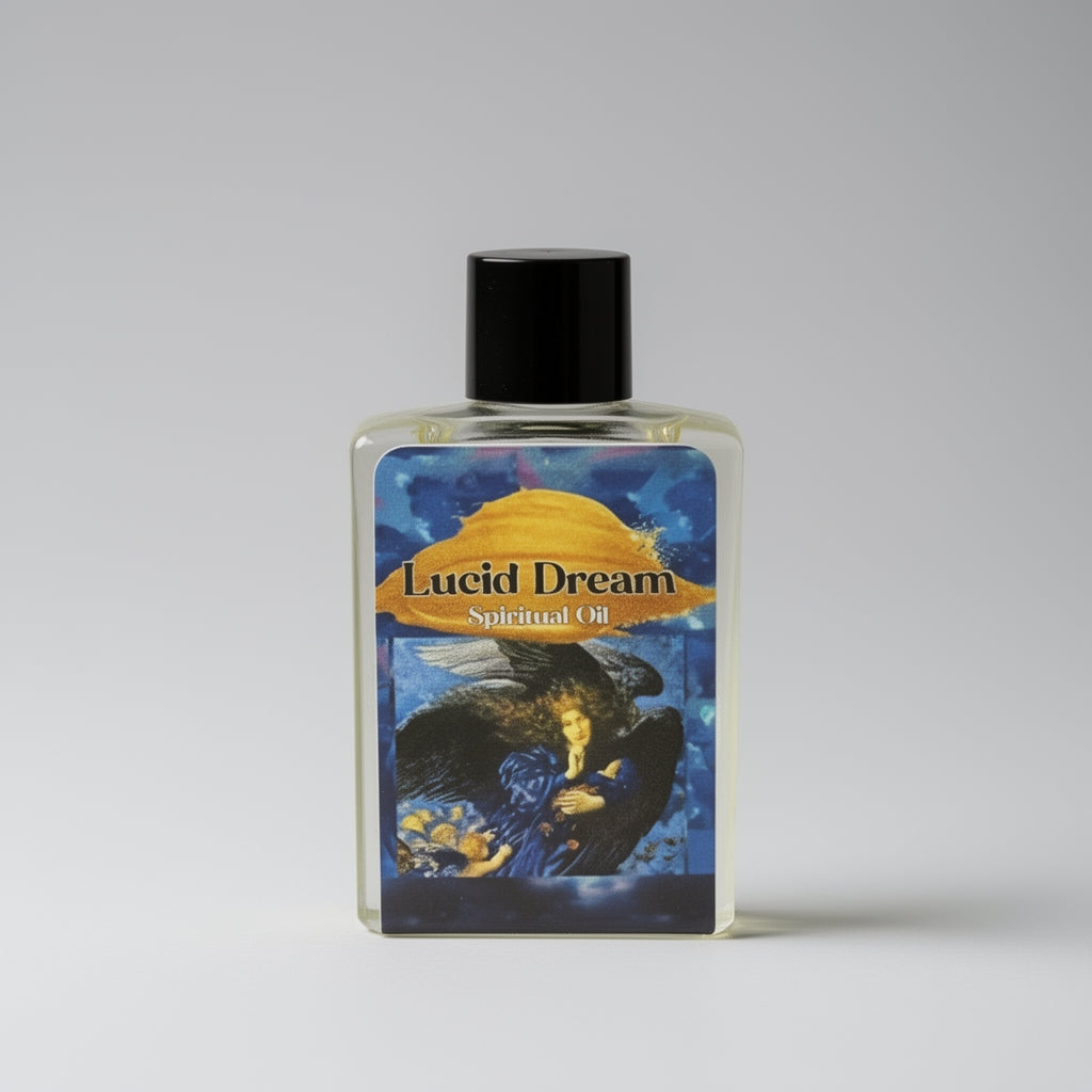 Bottle of 'Lucid Dream' spiritual oil with a mystical label on a gray background