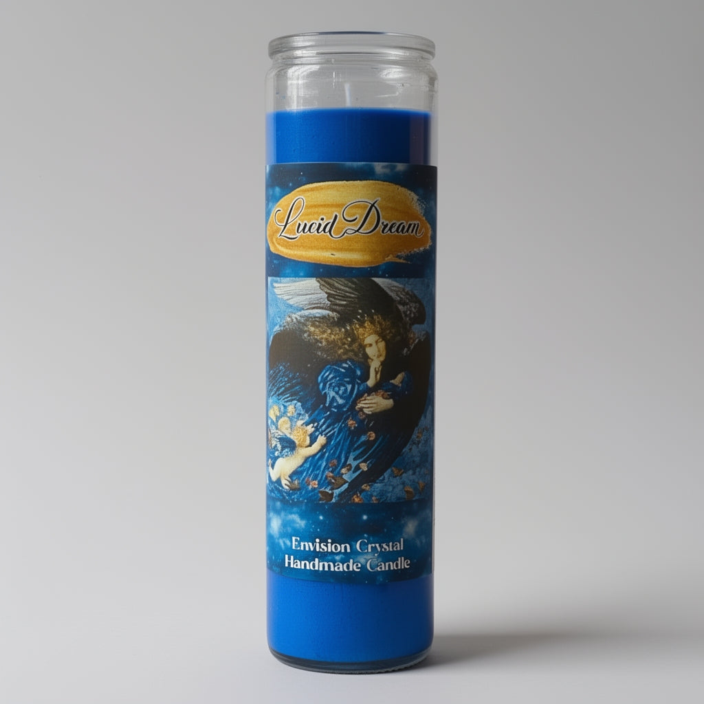 Candle with 'Lucid Dream' label on a gray background