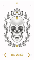 Skull with eye and laurel wreath on a white background, labeled 'The World'.