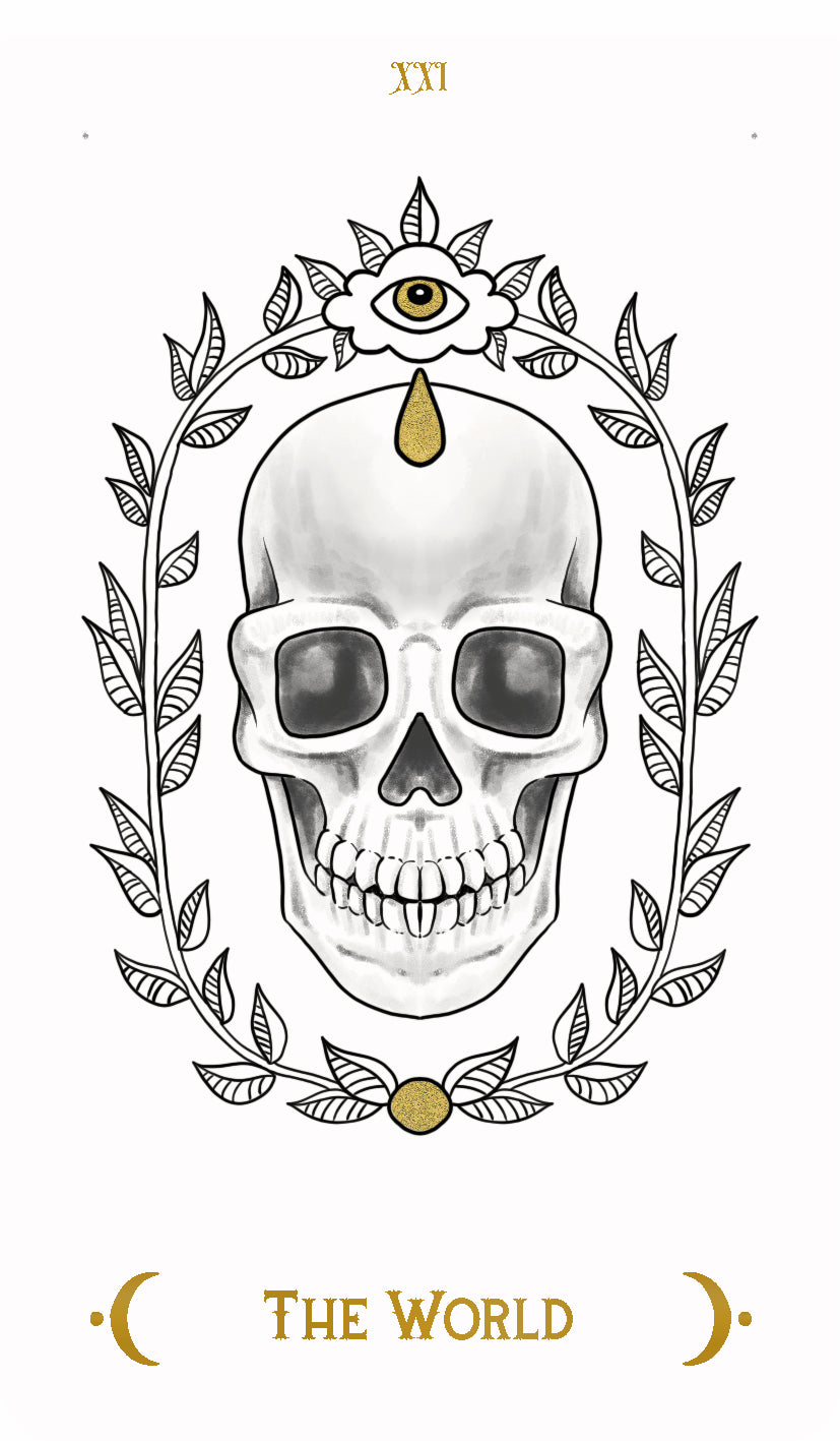 Skull with eye and laurel wreath on a white background, labeled 'The World'.