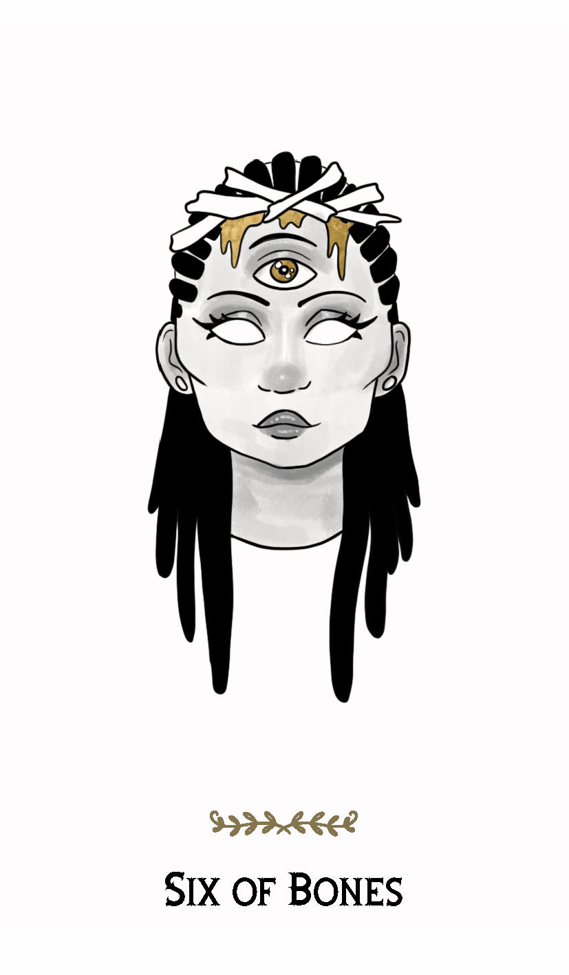 Illustration of a character with an eye symbol on a white background, labeled 'Six of Bones'.