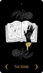 Card with an open book, hand, and floral elements on a black background