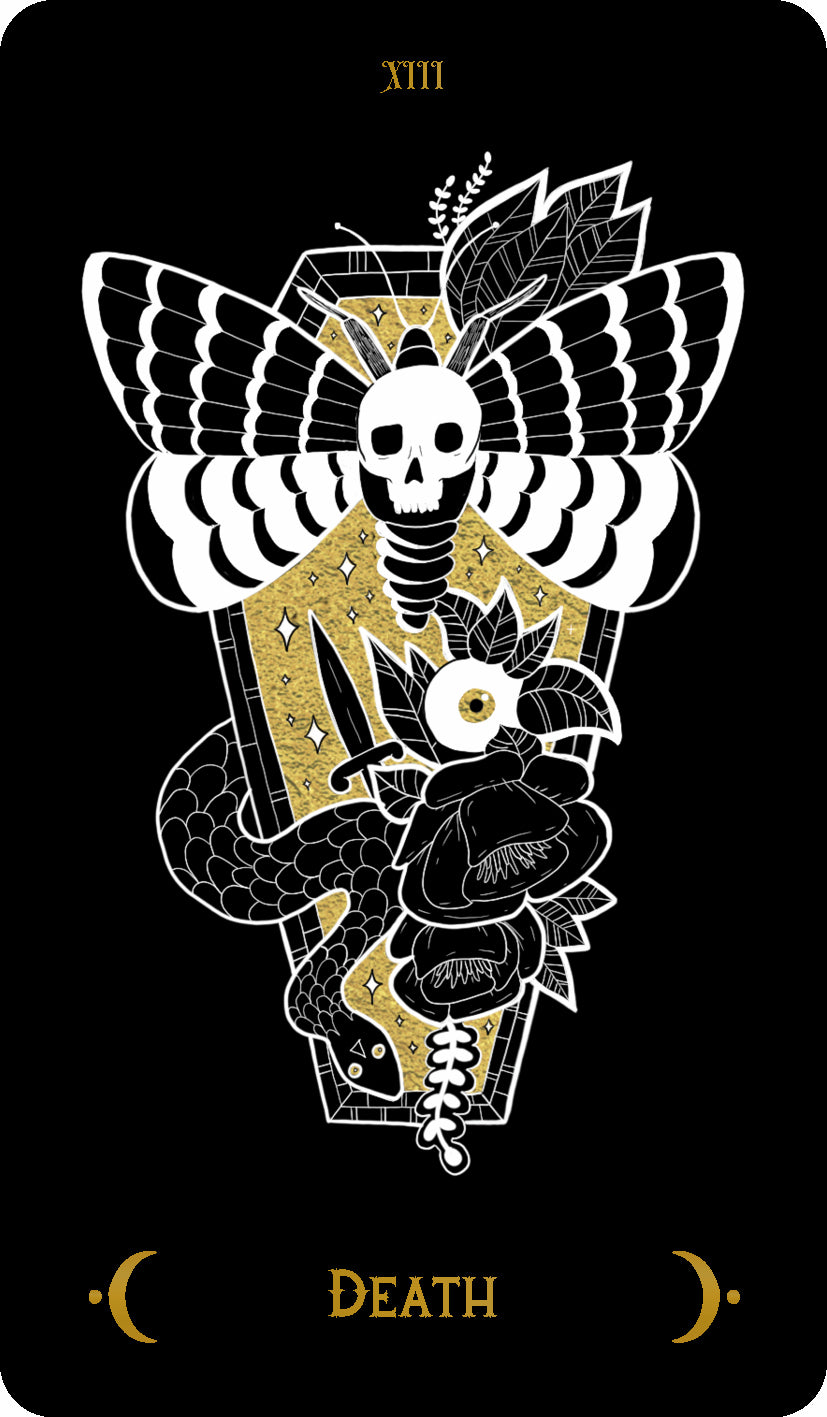 Card with a butterfly, skull, and snake design on a black background