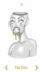 Metallic bust with face and necklace, labeled 'The Fool', on a white background