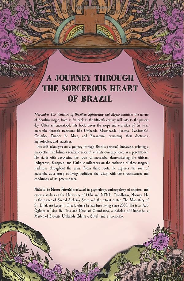 A book cover titled 'A JOURNEY THROUGH THE SORCEROUS HEART OF BRAZIL' with an ornate pink central panel, red curtains at the top and bottom, and purple floral illustrations framing the design.