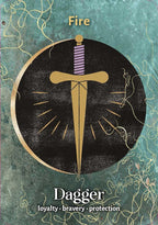 Symbol of fire with a dagger, representing loyalty, bravery, and protection on a decorative background.