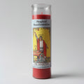 Red candle with a tarot card design labeled 'Magical Manifestation' on a gray background