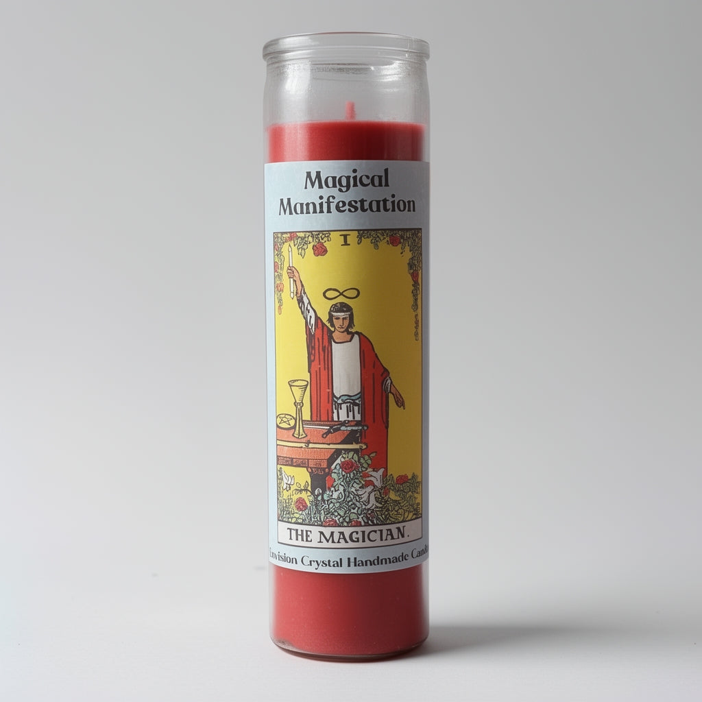 Red candle with a tarot card design labeled 'Magical Manifestation' on a gray background