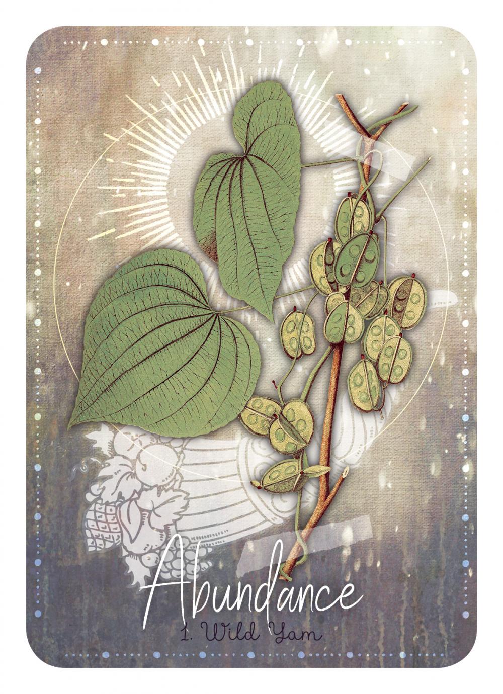 Card with green leaves and branches on a textured background with 'Abundance' text.