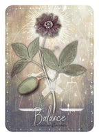 Card with a flower and leaves design labeled 'Balance' on a textured background