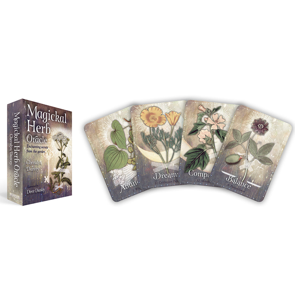 Magickal Herb Oracle cards with illustrations of herbs and flowers on a white background
