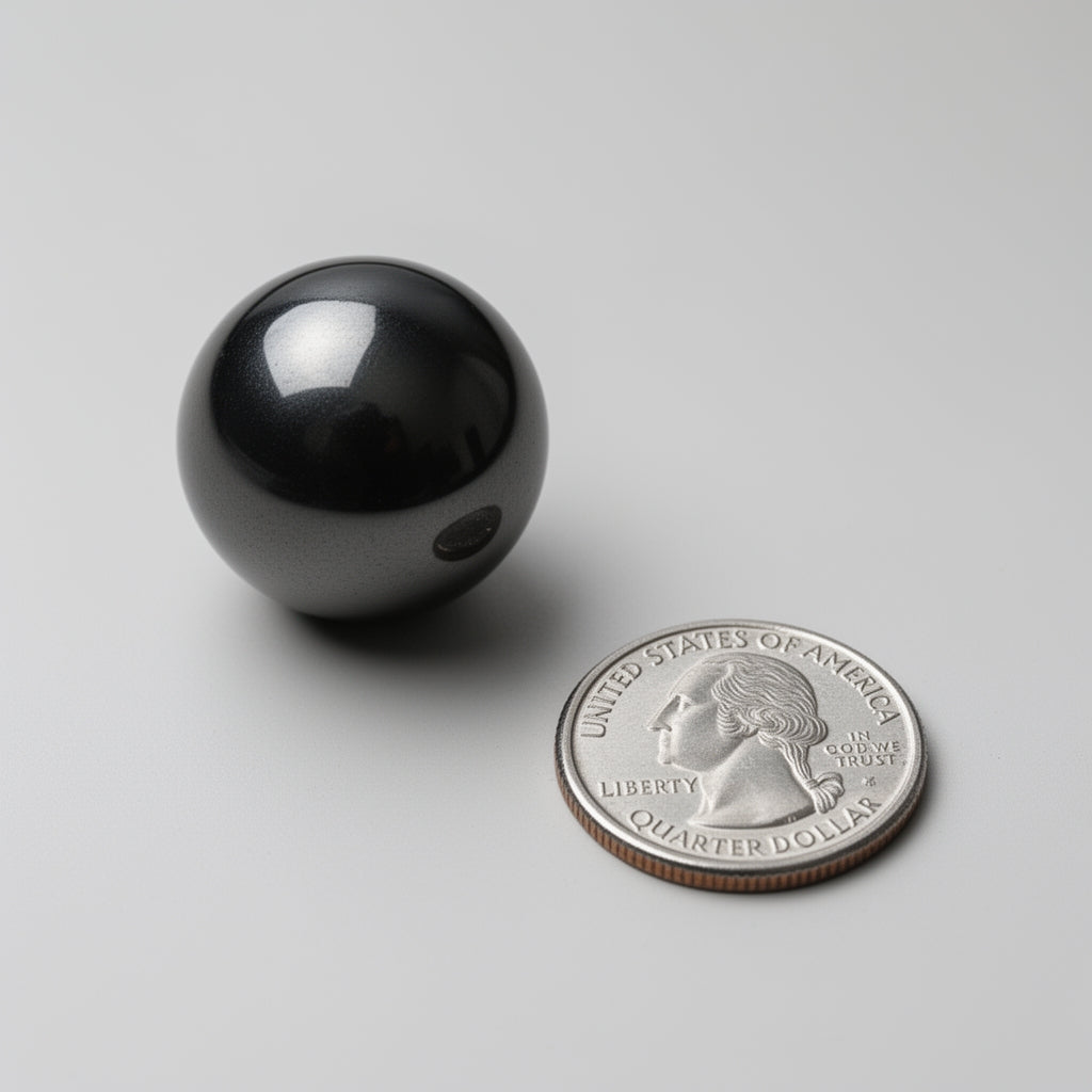 Black sphere next to a U.S. quarter dollar on a light gray background
