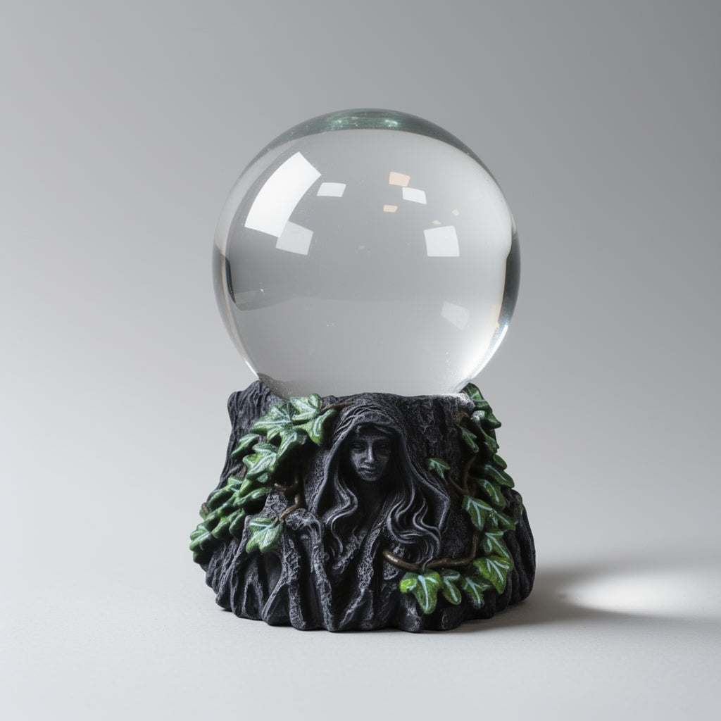 Decorative object with a glass sphere and leafy base on a gray background