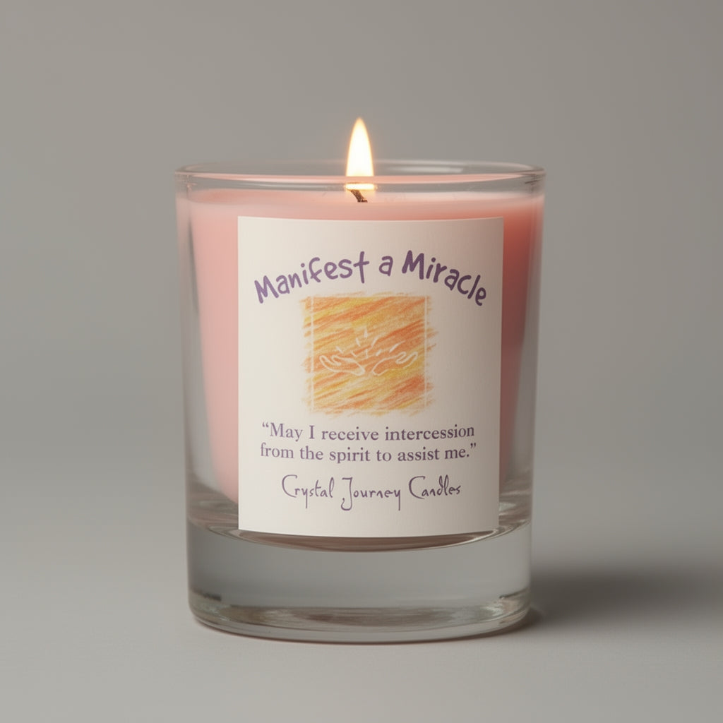 Candle with a label reading 'Manifest a Miracle' on a gray background