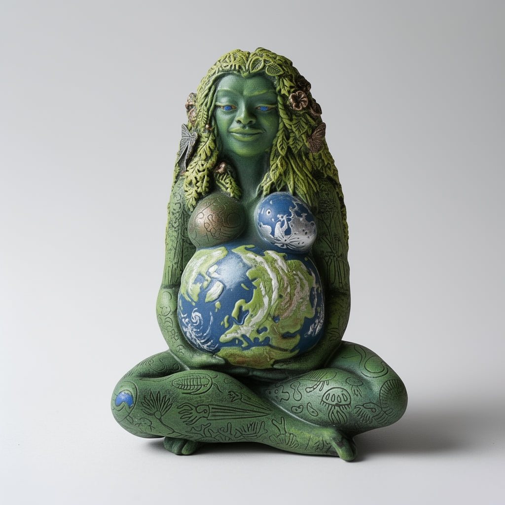 Green goddess figurine holding a globe on a white background