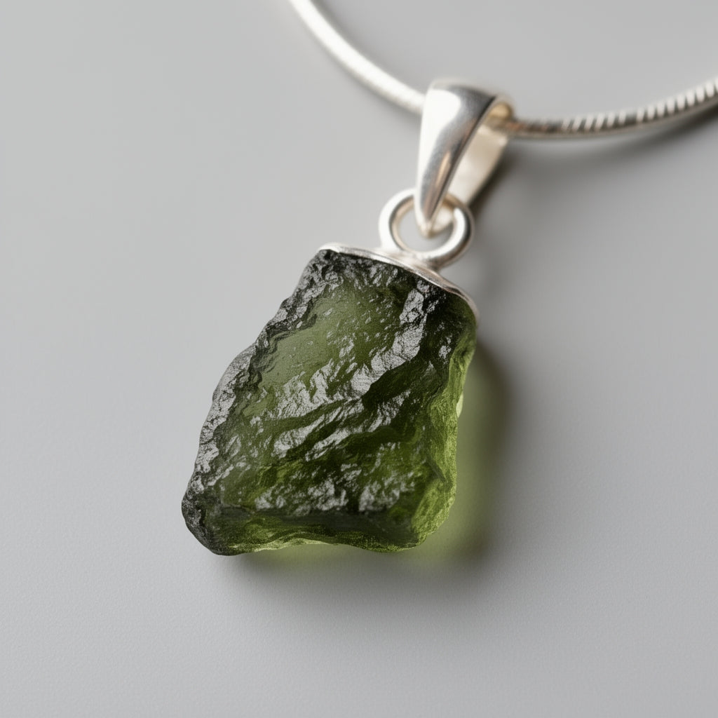 Green crystal pendant on a silver chain against a gray background