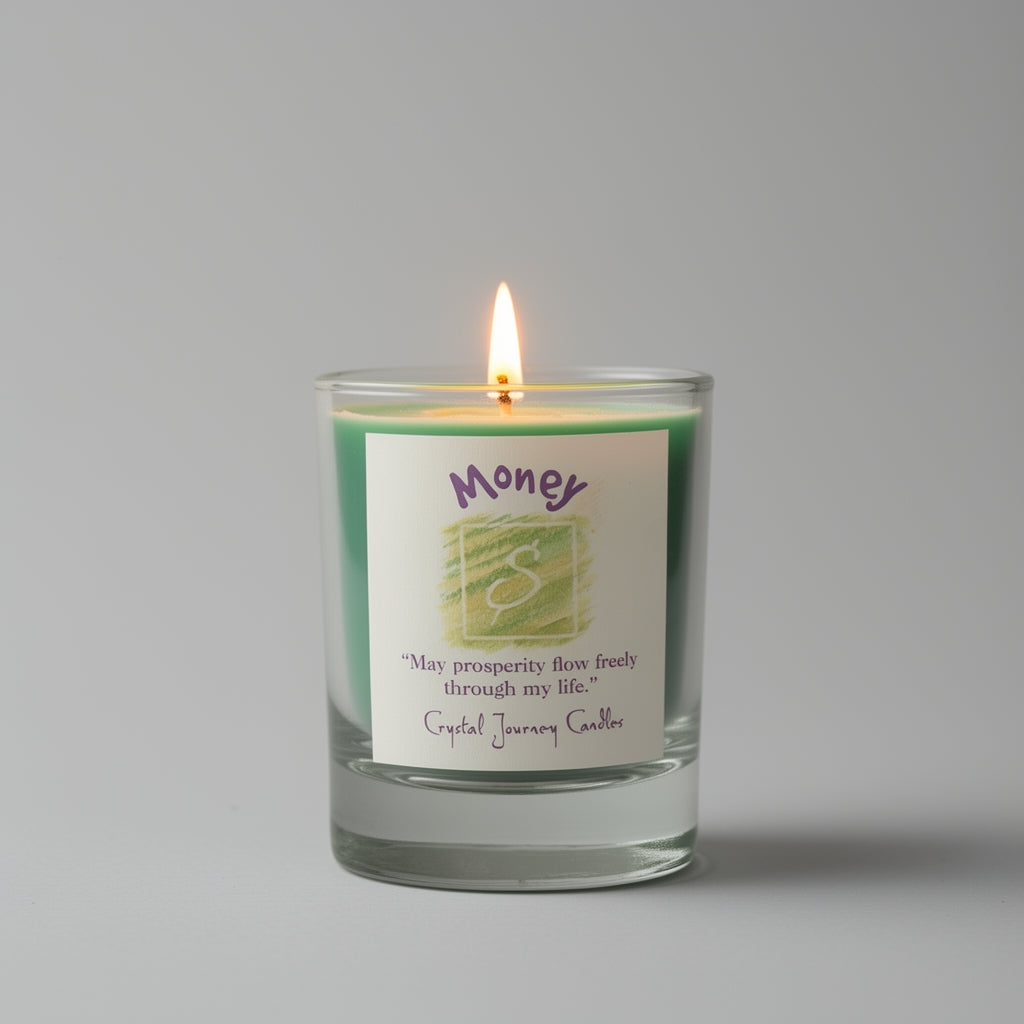 Candle with the label "Money" on a gray background
