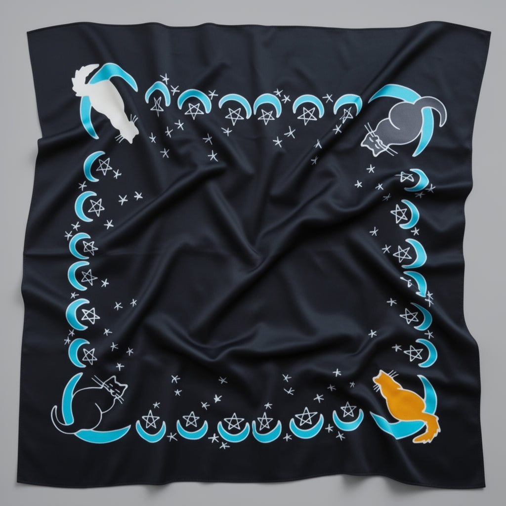 Black cloth with cat and moon designs on a gray background