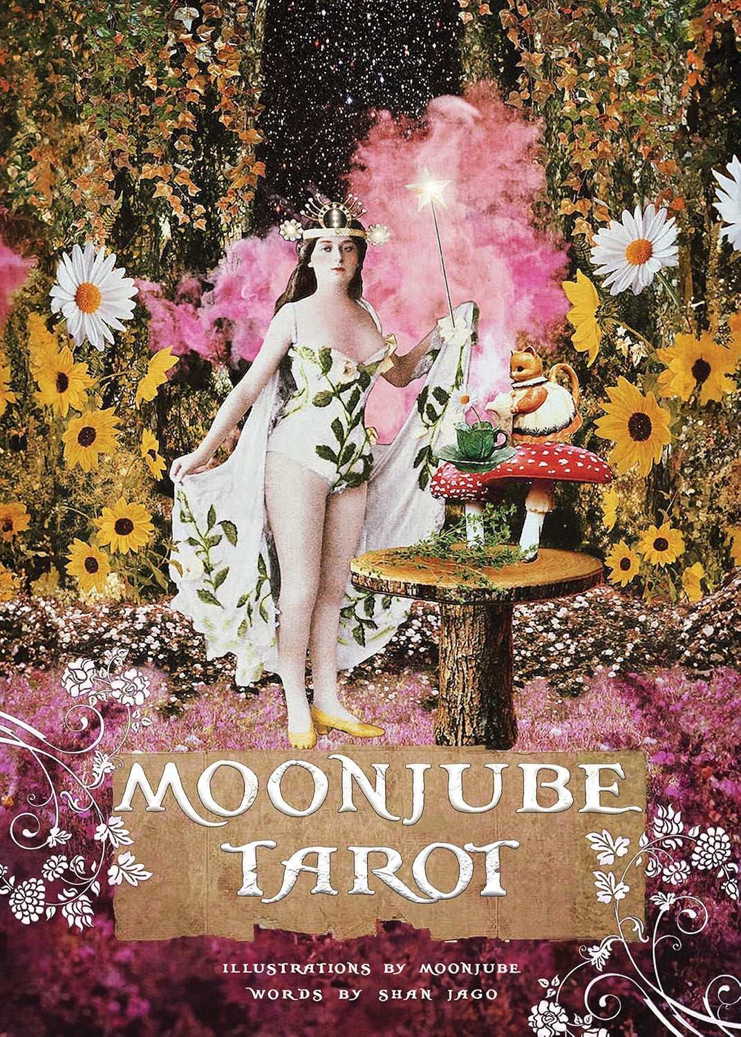 Cover of 'Moonjube Tarot' with a woman in a garden setting, surrounded by flowers and a mushroom table.