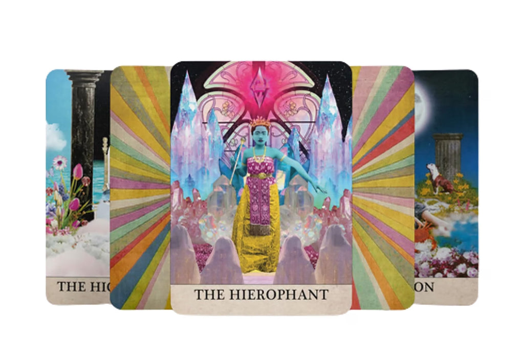 Colorful tarot card featuring 'The Hierophant' with vibrant designs and a central figure.