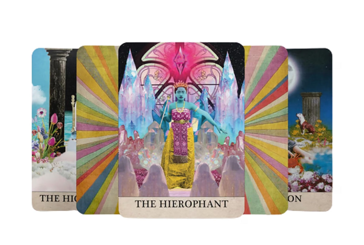 Colorful tarot card featuring 'The Hierophant' with vibrant designs and a central figure.
