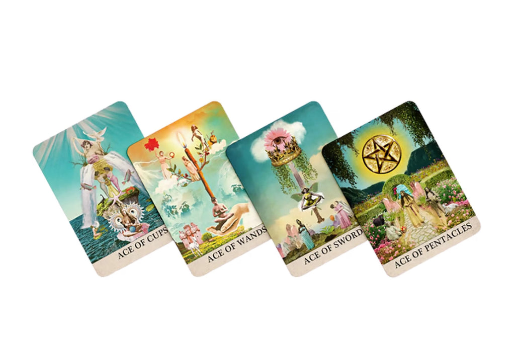 Four tarot cards labeled 'Ace of Cups', 'Ace of Swords', 'Ace of Wands', and 'Ace of Pentacles' on a white background.