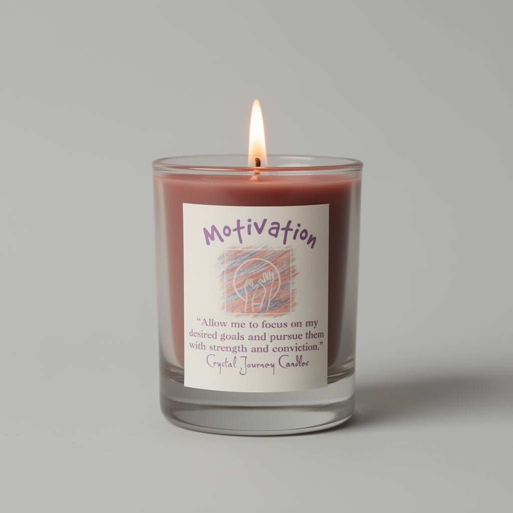Candle in a glass jar with a label titled 'Motivation' on a gray background