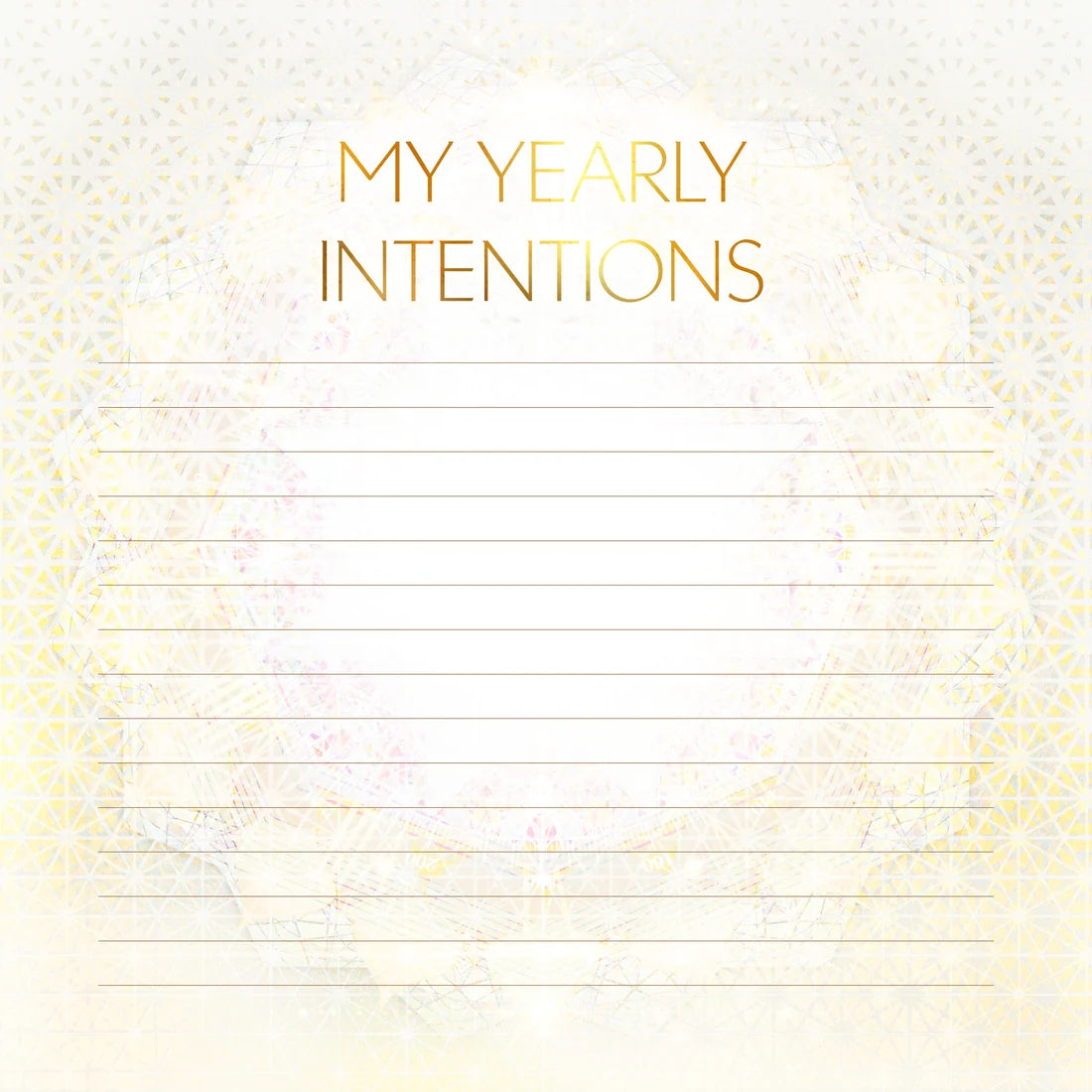 A decorative writing card titled 'MY YEARLY INTENTIONS' in gold foil-style lettering, with lined writing space below on a soft cream background with subtle floral and geometric patterns.