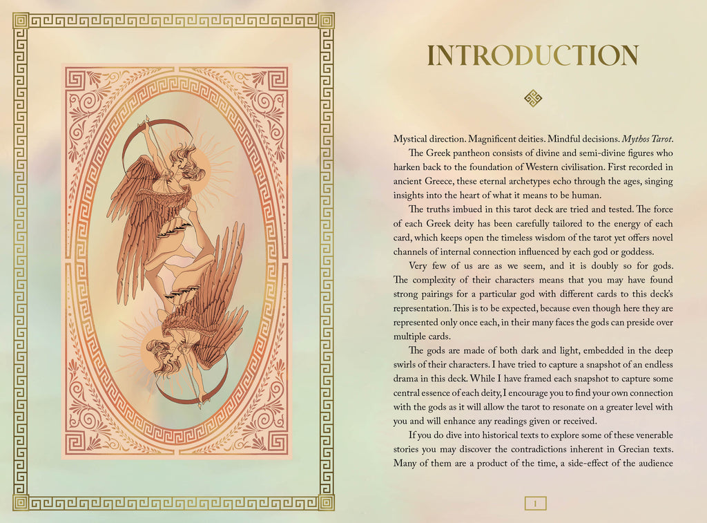 Introduction page of a card deck with an angelic design and text.