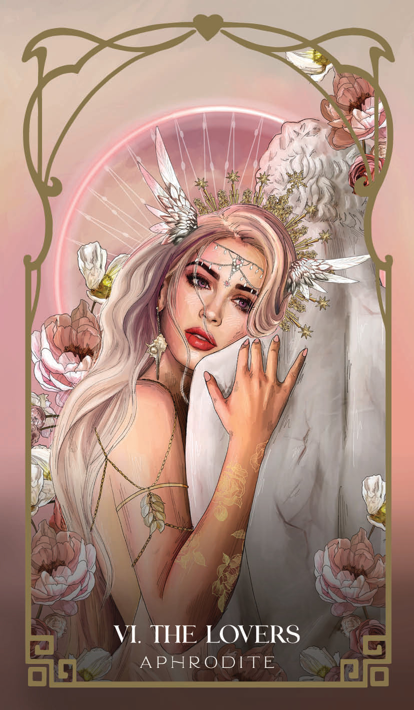 Illustration of a woman with angelic features and floral elements, surrounded by decorative frames and flowers.