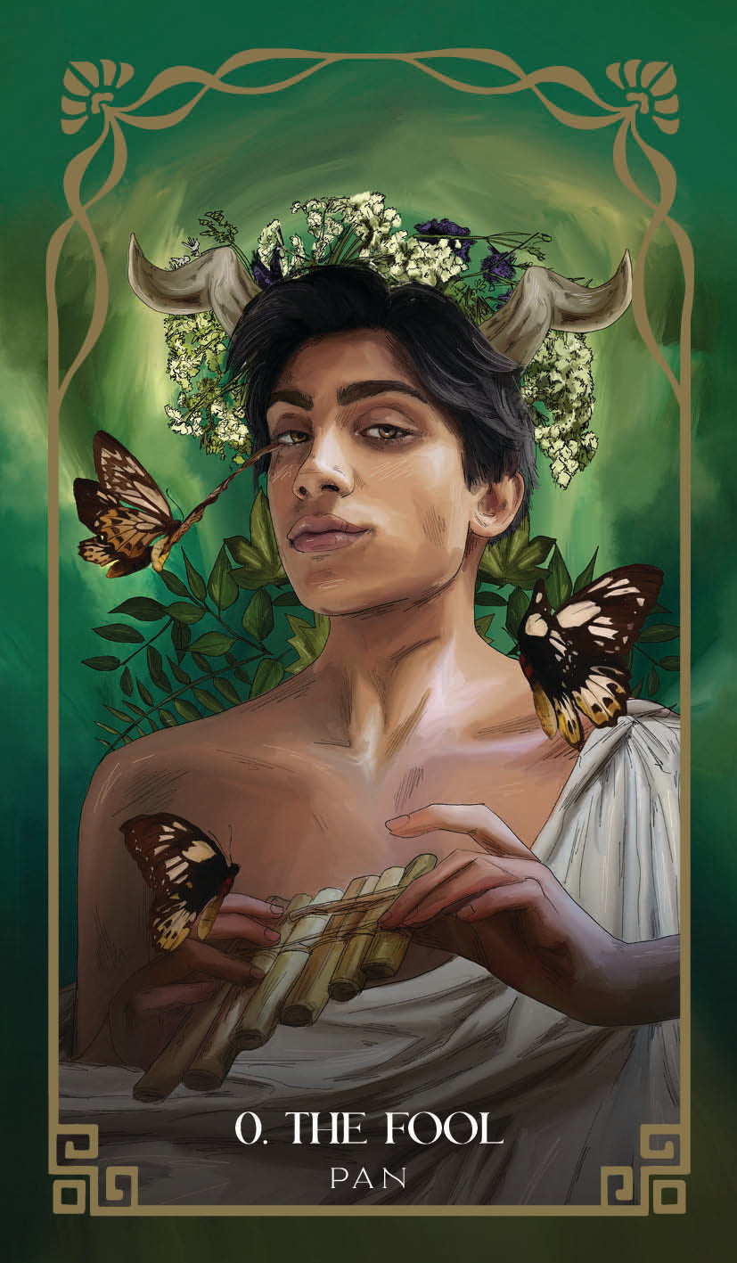 Tarot card featuring a person with animal-like features and butterflies, labeled 'The Fool' with 'Pan' below.