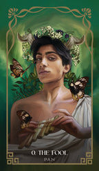 Tarot card featuring a person with animal-like features and butterflies, labeled 'The Fool' with 'Pan' below.