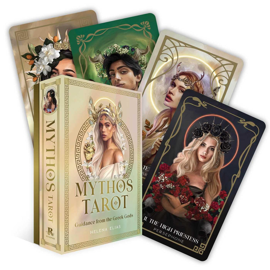 Mythos Tarot cards with a box featuring illustrations of women and the title 'Mythos Tarot'.